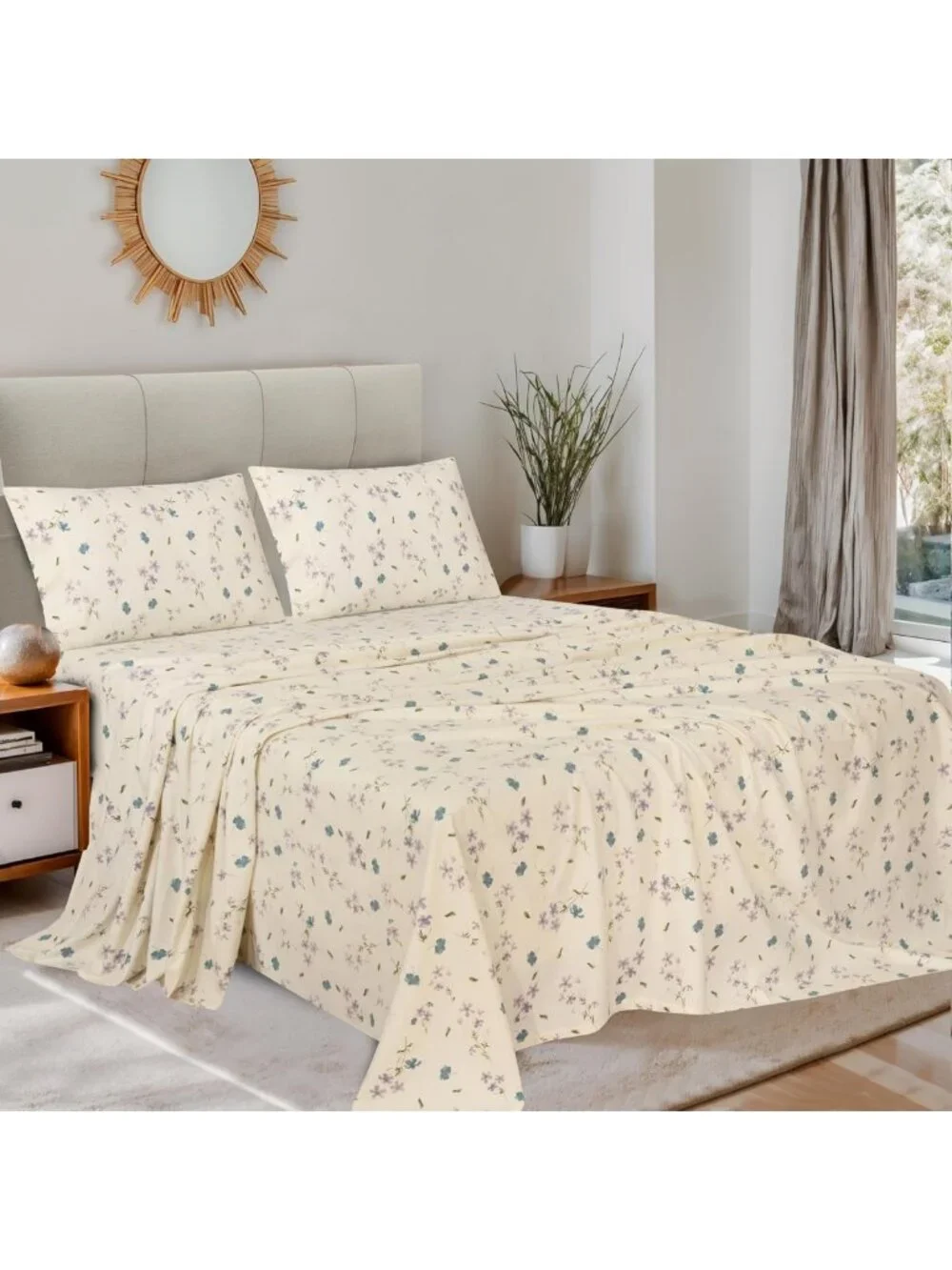 Cozy 100% Cotton Flannel Queen Sheet Set, 4 Pieces, Jasmine Floral Print